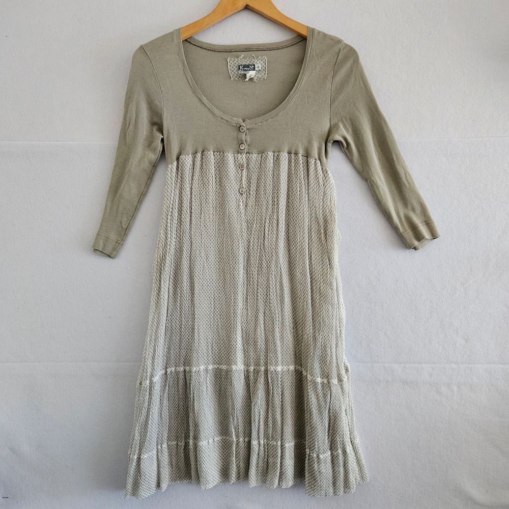 Kristensen DU NORD Silk Cotton Mixed Media Tiered Henley Dress Green Italy Sz 1